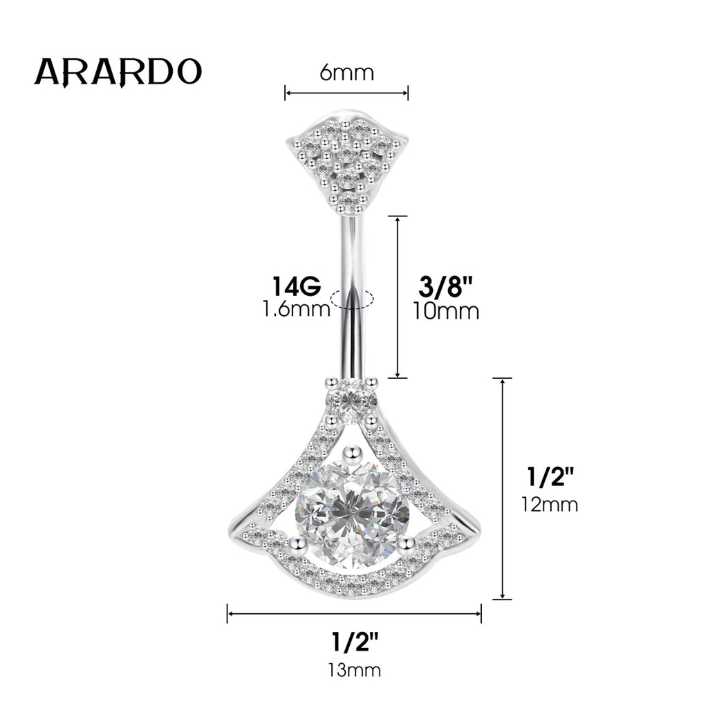 Arardo Sterling Silver Belly Button Rings, Real 925 Sterling Silver, 14G Smooth Surface Belly Piercing, Sterling Silver Navel Piercing Rings, Fan With Circle CZ