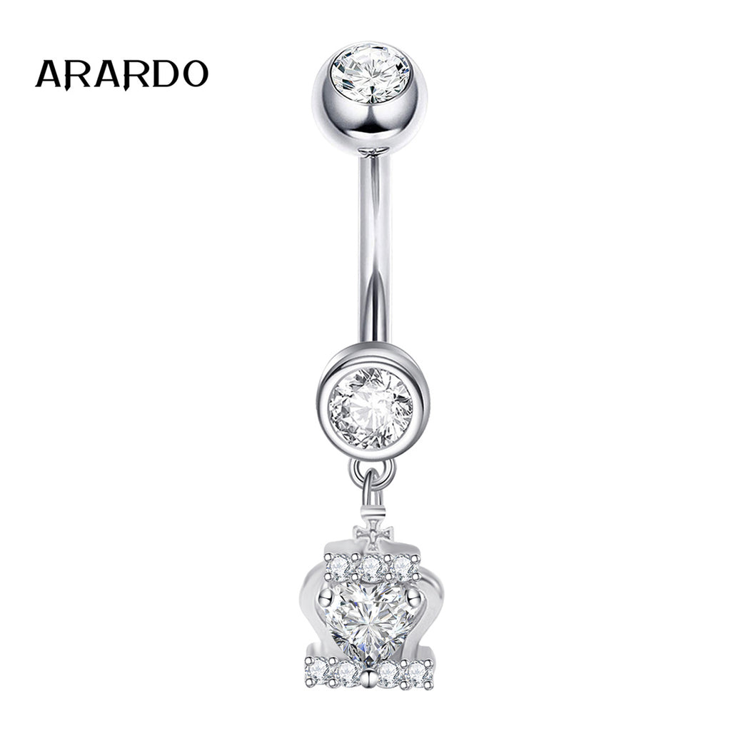 Arardo Sterling Silver Belly Button Rings, Real 925 Sterling Silver, 14G Smooth Surface Belly Piercing, Sterling Silver Navel Piercing Rings, Dangle Crown With Heart CZ