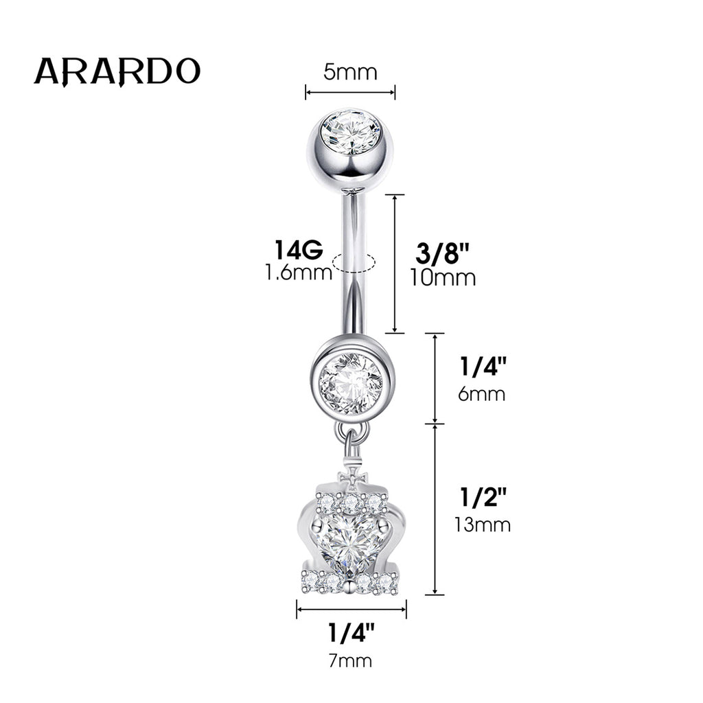 Arardo Sterling Silver Belly Button Rings, Real 925 Sterling Silver, 14G Smooth Surface Belly Piercing, Sterling Silver Navel Piercing Rings, Dangle Crown With Heart CZ