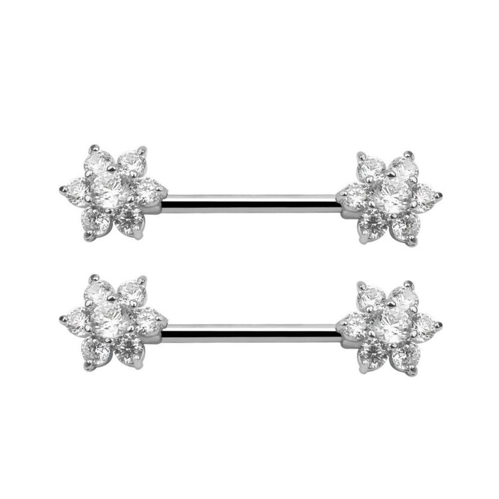 Arardo Surgical Steel Nipple Rings, 316L Stainless Steel Nipple Barbell, 14G Nipple Piercing Jewelry, 1 Pair, Crystal CZ, Flower