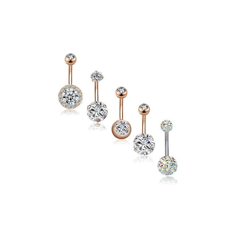 Arardo 5Pcs 14G 316L Stainless Steel Belly Button Rings Curved Barbell Crystal CZ Ball Screw Navel Bars Navel Rings Body Piercing Jewelry