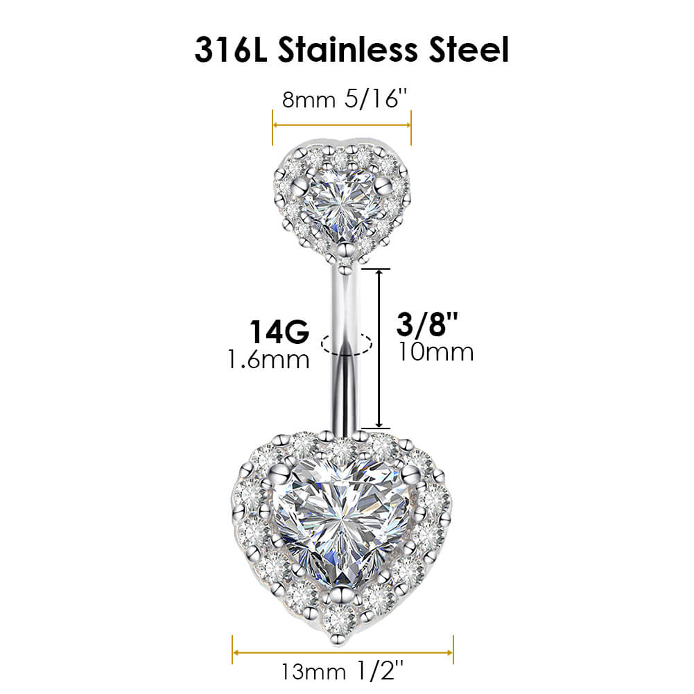 Arardo 2Pcs 14G 316L Stainless Steel Belly Button Rings Curved Barbell Double Heart CZ Navel Rings Body Piercing Jewelry