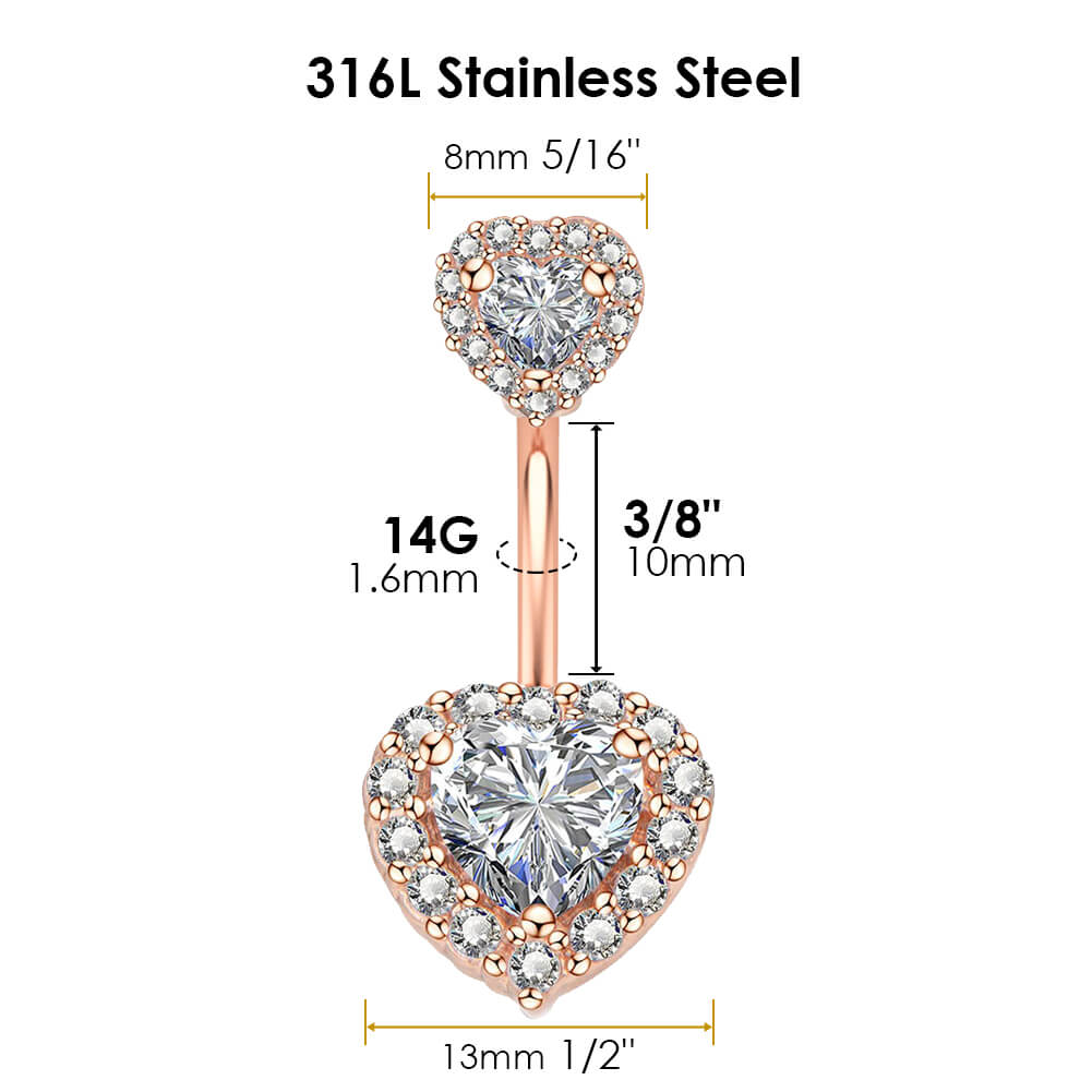 Arardo 2Pcs 14G 316L Stainless Steel Belly Button Rings Curved Barbell Double Heart CZ Navel Rings Body Piercing Jewelry
