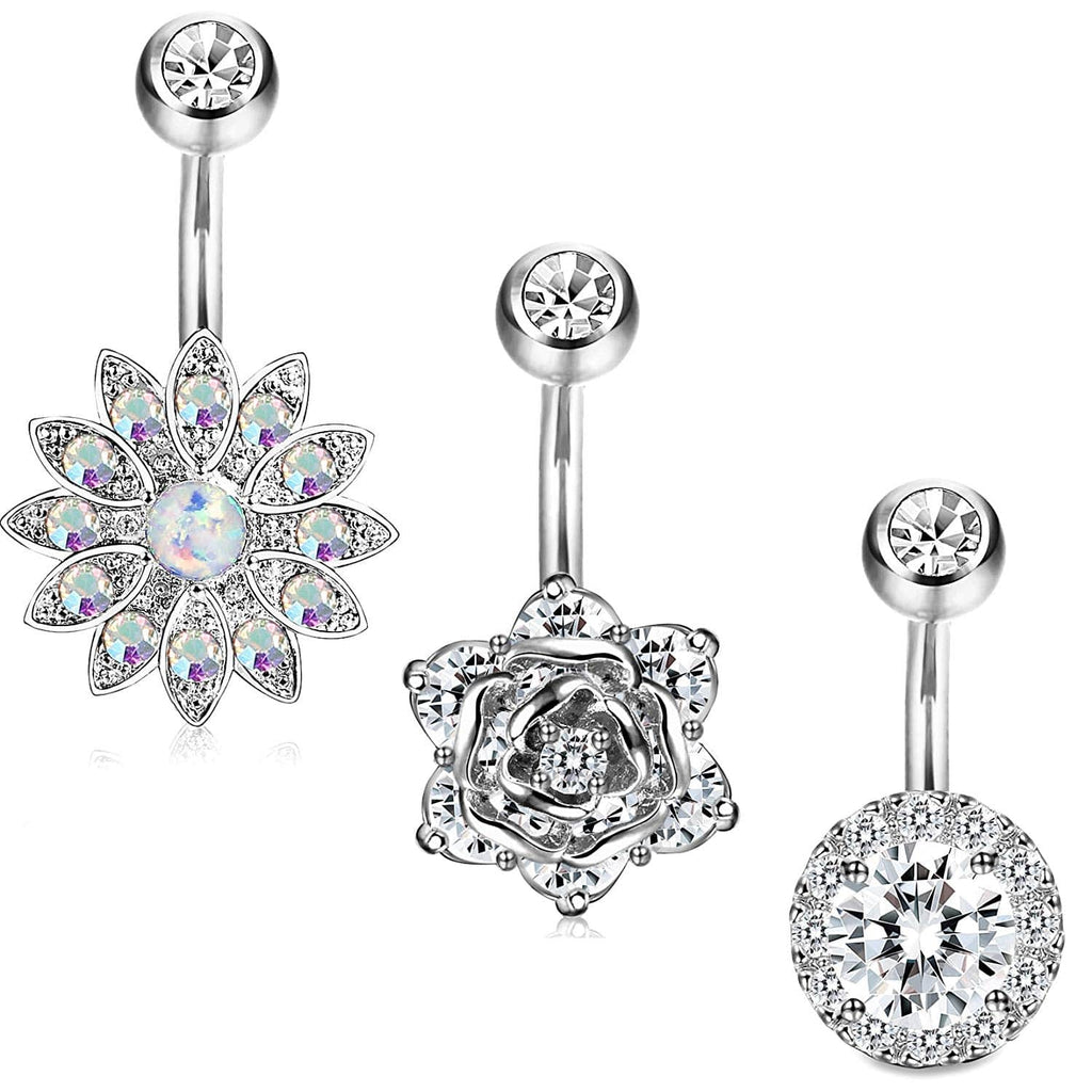 Arardo 3Pcs 14G 316L Stainless Steel Belly Button Rings Screw Design Dangle Flower Opal CZ Navel Rings Body Piercing Jewelry