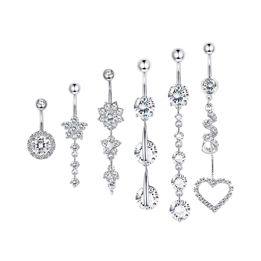 Arardo 6Pcs 14G 316L Stainless Steel Dangle Belly Button Rings Curved Barbell CZ Navel Rings Belly Piercing Jewelry