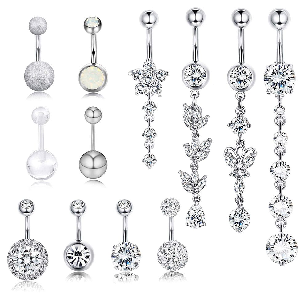 Arardo 12Pcs 14G 316L Stainless Steel Dangle Belly Button Rings Curved Barbell CZ Navel Rings Belly Piercing Jewelry