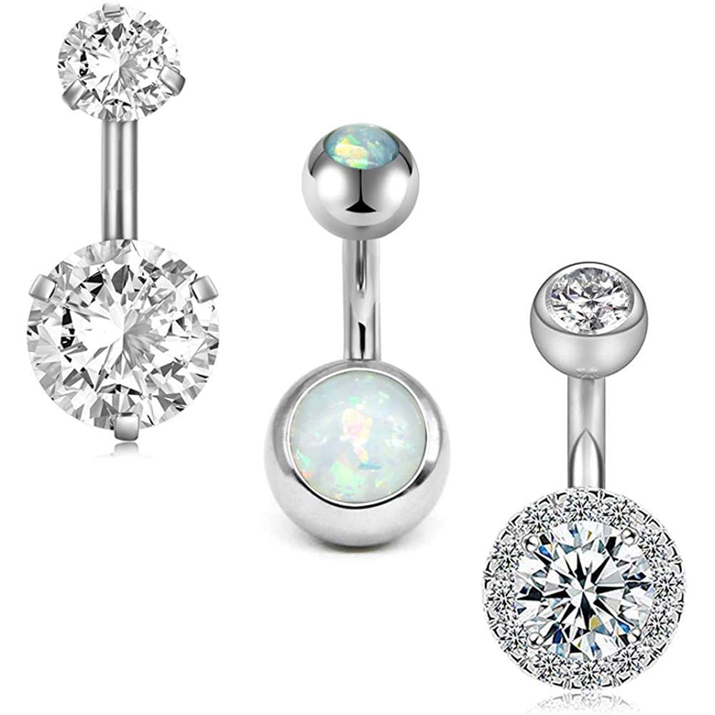 Arardo 3Pcs 14G 316L Stainless Steel Belly Button Rings Curved Barbell Crystal CZ Ball Screw Navel Bars Navel Rings Body Piercing Jewelry AB0064-1