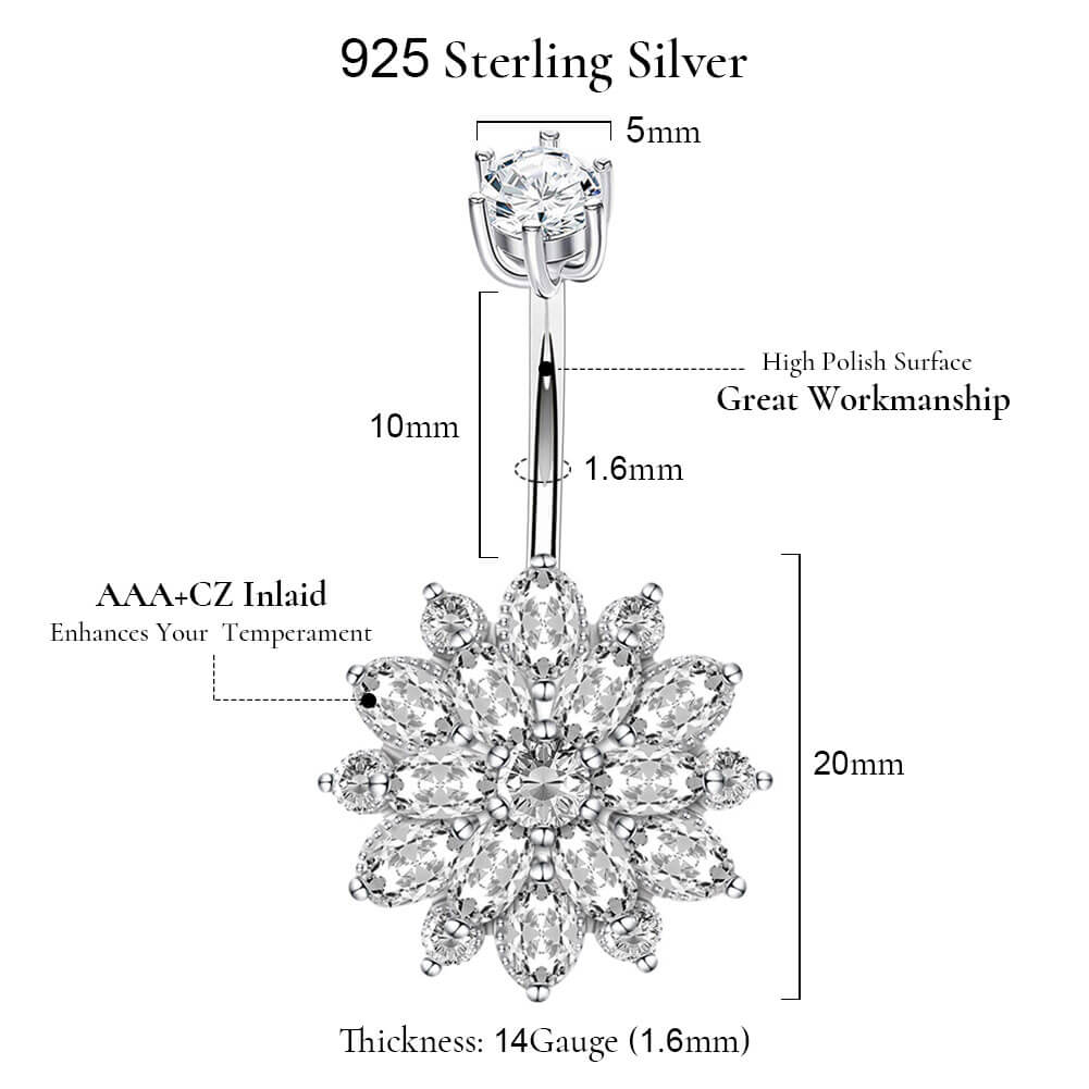 Arardo 14G 925 Sterling Silver Flower CZ Belly Button Rings Navel Rings Piercing Jewelry AB0085-1