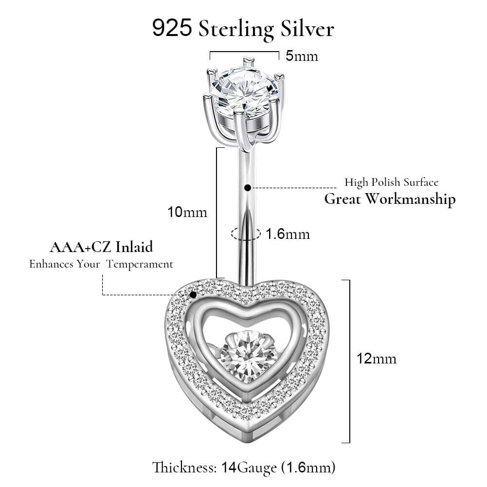 Arardo 14G 925 Sterling Silver CZ Heart Belly Button Rings Navel Rings Piercing Jewelry AB0088-1