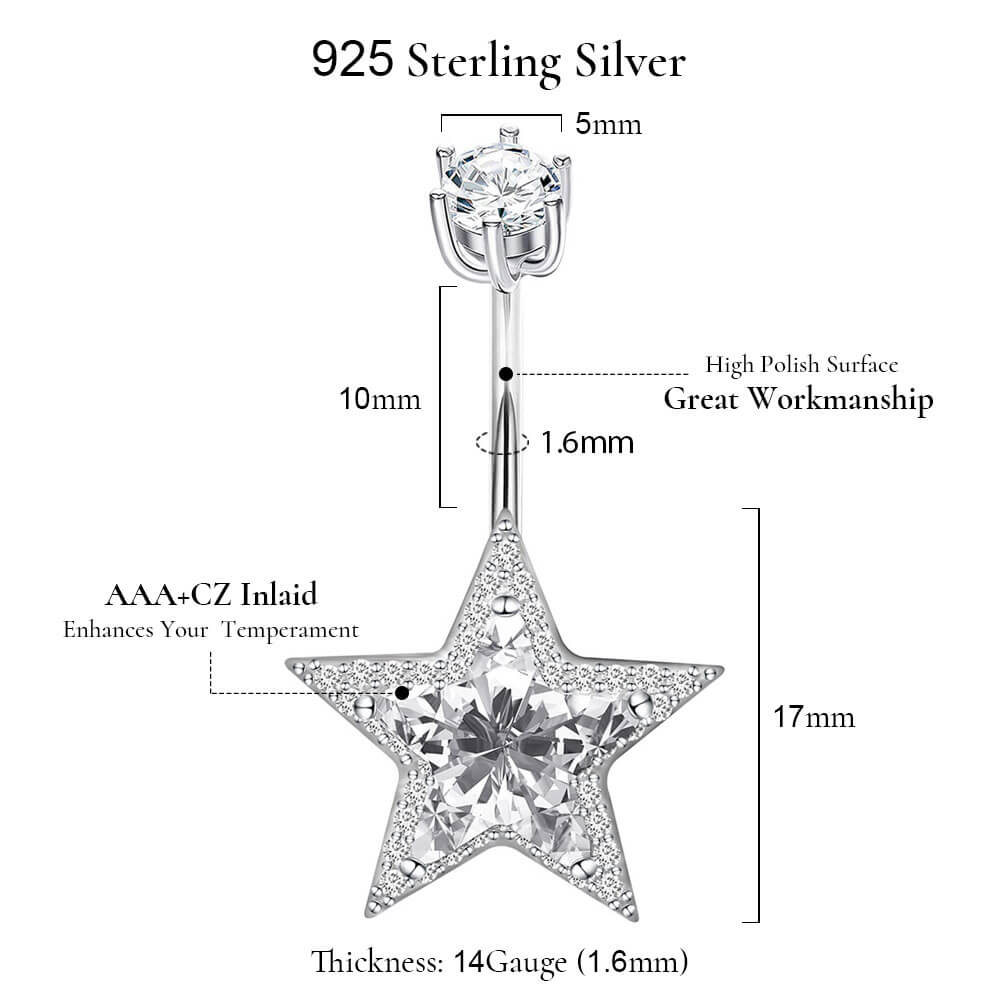 Arardo 14G 925 Sterling Silver CZ Star Belly Button Rings Navel Rings Piercing Jewelry AB0091-1