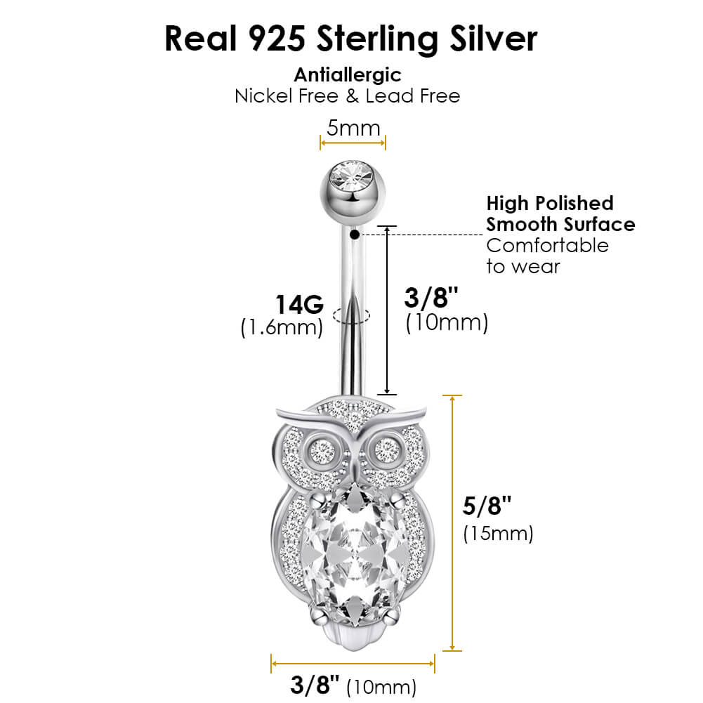 Arardo 14G 925 Sterling Silver CZ Owl Button Rings Navel Rings Piercing Jewelry AB0092-1