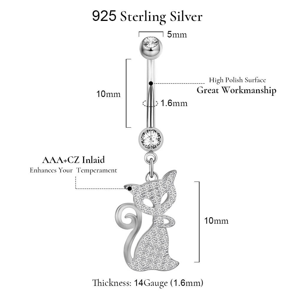 Arardo 14G 925 Sterling Silver CZ Fox Dangle Belly Button Rings Navel Rings Piercing Jewelry AB0093