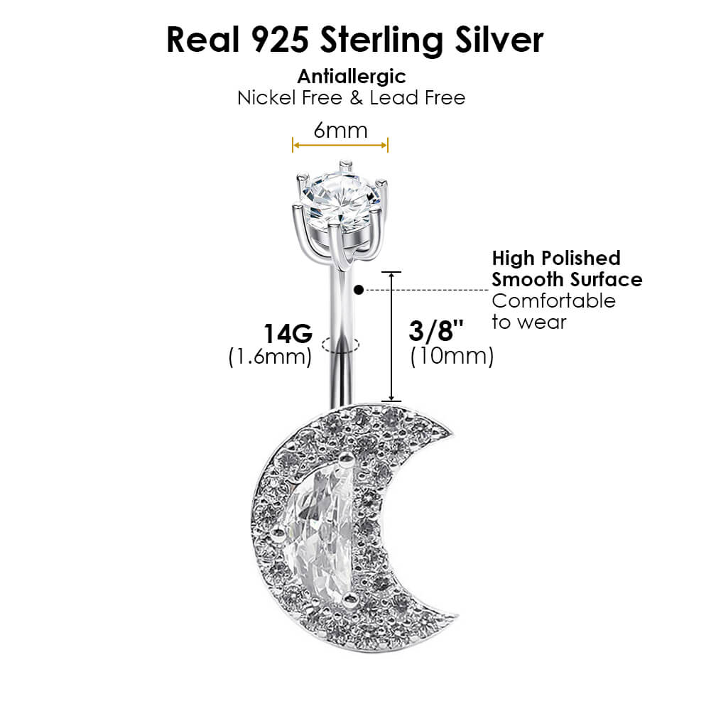 Arardo 14G 925 Sterling Silver CZ Moon Belly Button Rings Navel Rings Piercing Jewelry AB0096