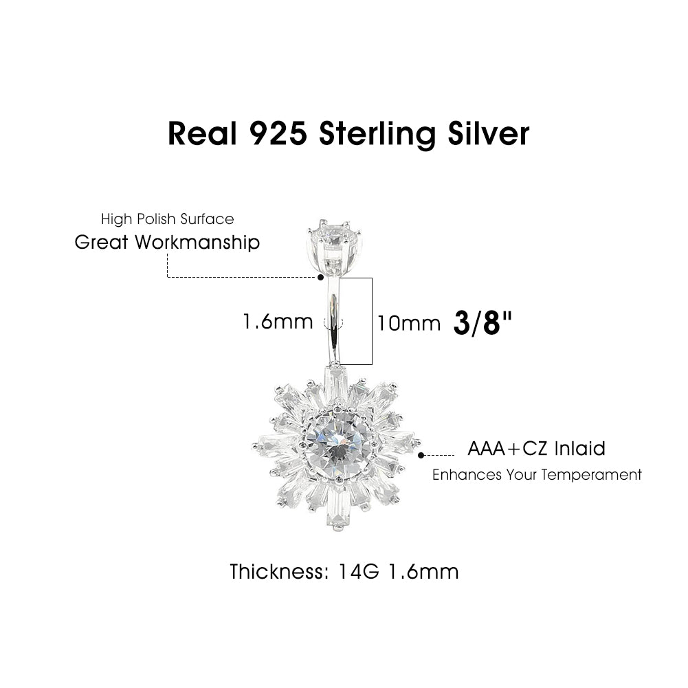 Arardo 14G 925 Sterling Silver Flower CZ Belly Button Rings Navel Rings Piercing Jewelry AB0097