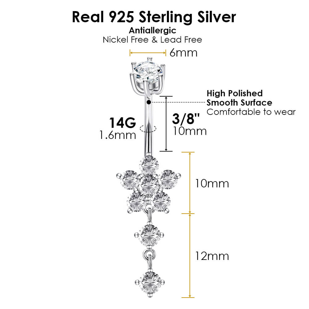 Arardo 14G 925 Sterling Silver Dangle Flower CZ Belly Button Rings Navel Rings Piercing Jewelry AB0099