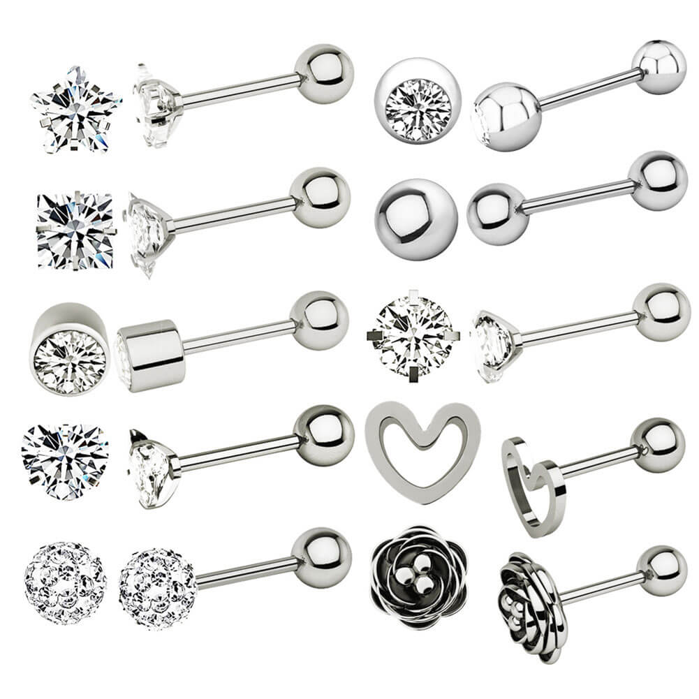20pcs 16G 316L Stainless Steel Stud CZ Cartilage Earrings Lobe Daith Helix Studs