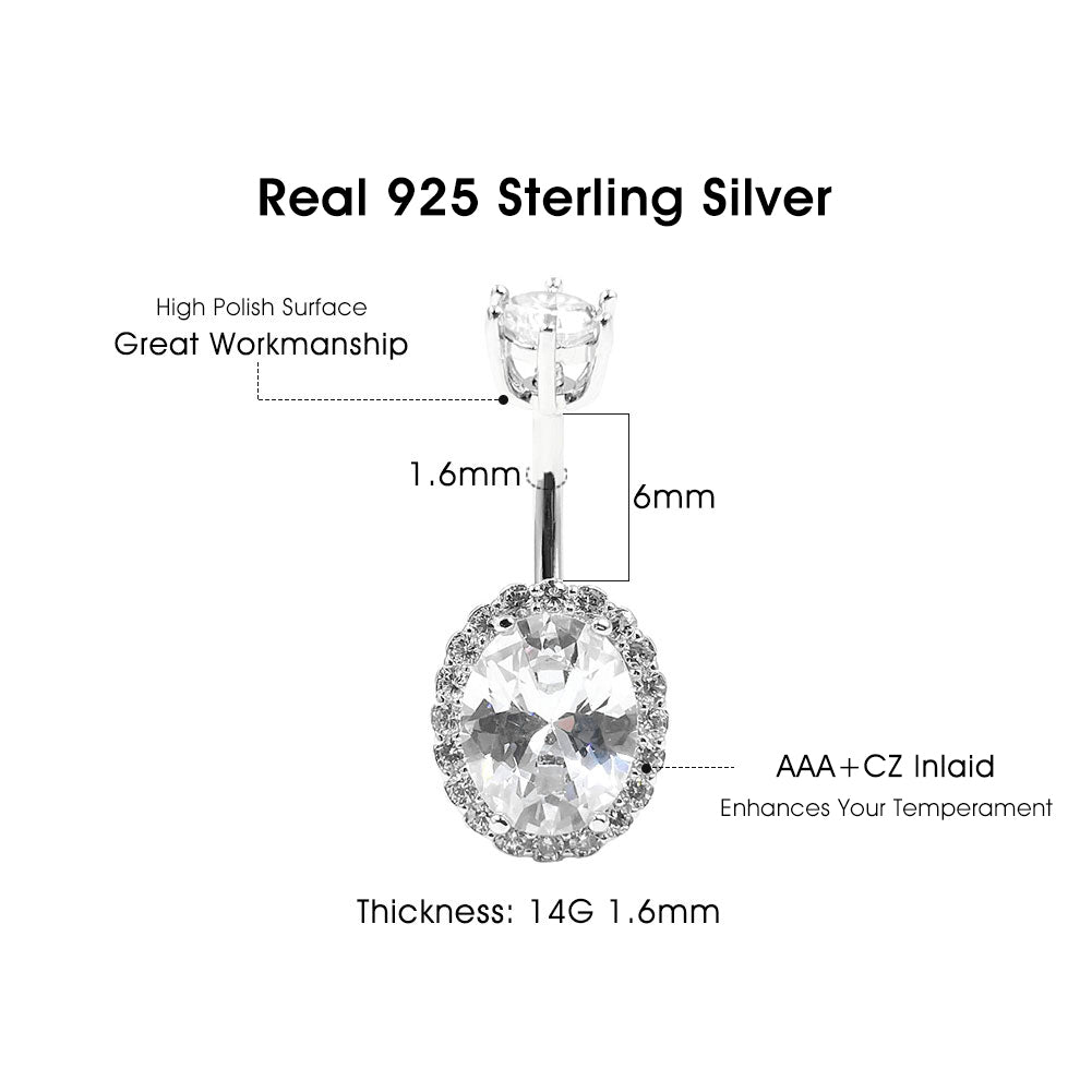 925 Sterling Silver Oval Shape CZ 14G Belly Button Rings Navel Rings Piercing Jewelry AB0122