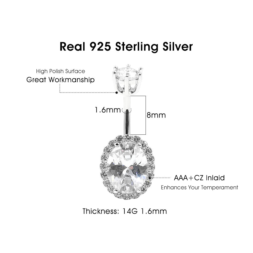 925 Sterling Silver Oval Shape CZ 14G Belly Button Rings Navel Rings Piercing Jewelry AB0122
