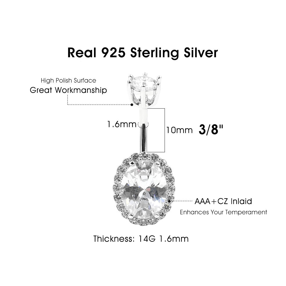 925 Sterling Silver Oval Shape CZ 14G Belly Button Rings Navel Rings Piercing Jewelry AB0122