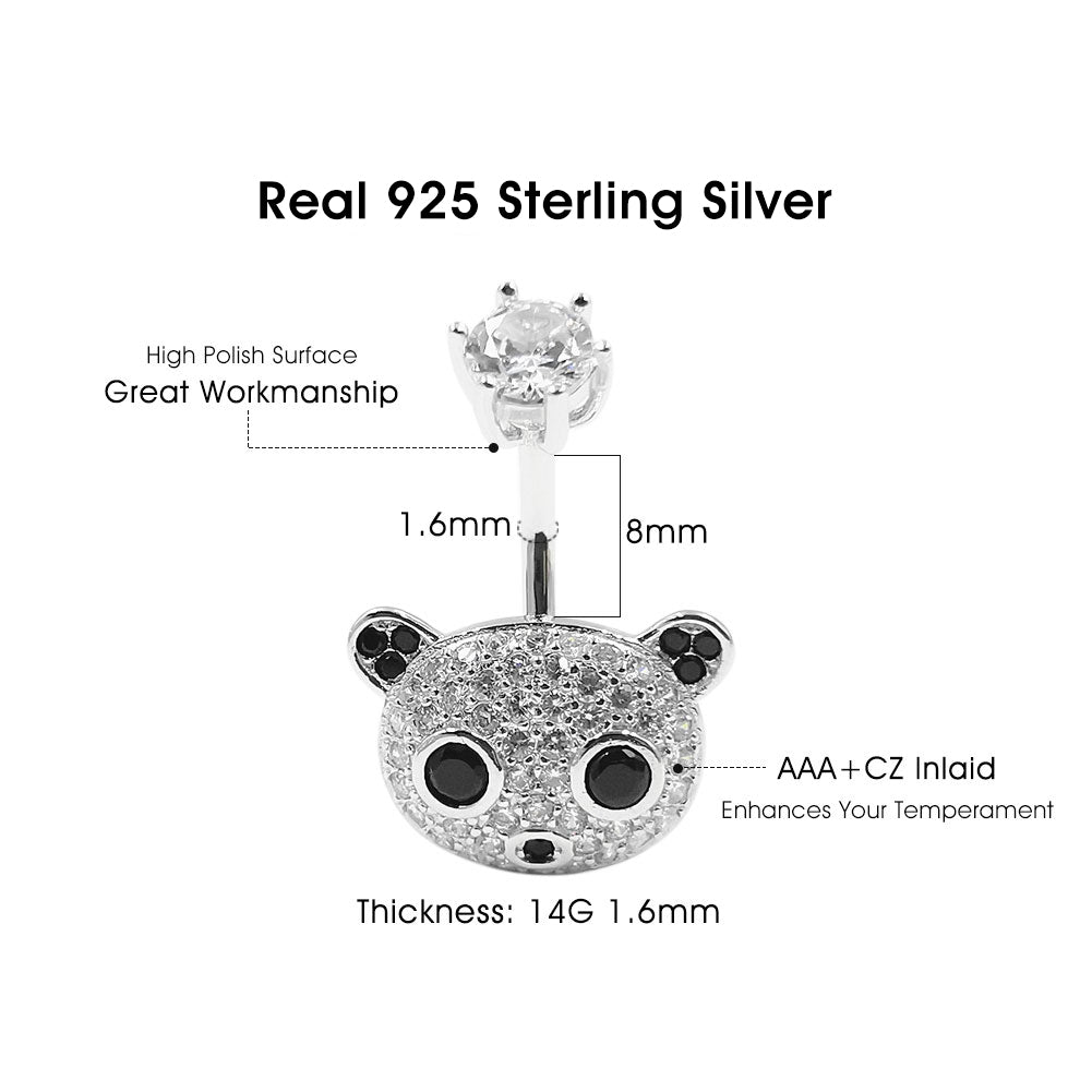 925 Sterling Silver Clear CZ Animal Panda 14G Belly Button Rings Navel Rings Piercing Jewelry AB0127