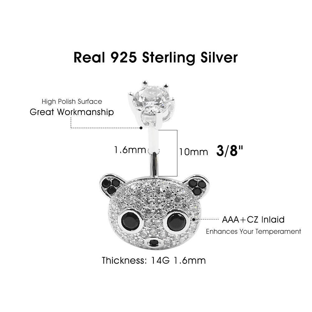 925 Sterling Silver Clear CZ Animal Panda 14G Belly Button Rings Navel Rings Piercing Jewelry AB0127
