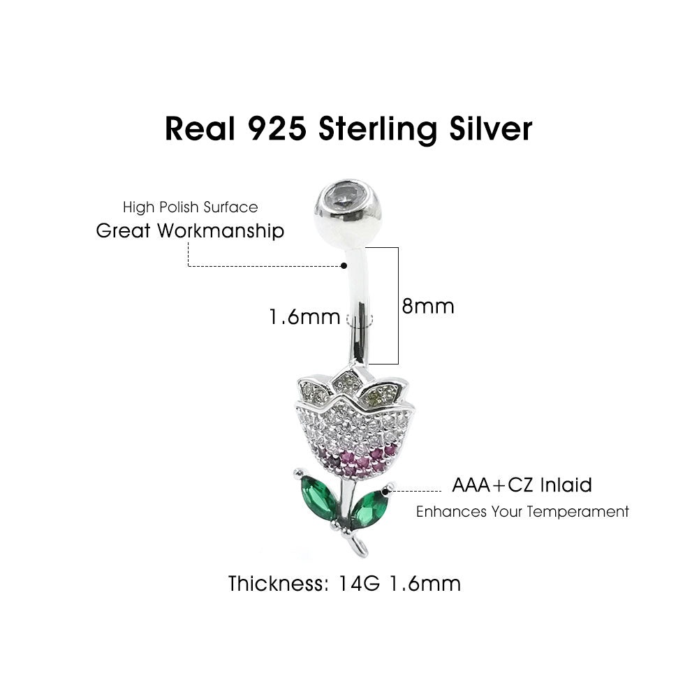 Arardo 925 Sterling Silver Clear CZ Flower 14G Belly Button Rings Navel Rings Piercing Jewelry AB0129
