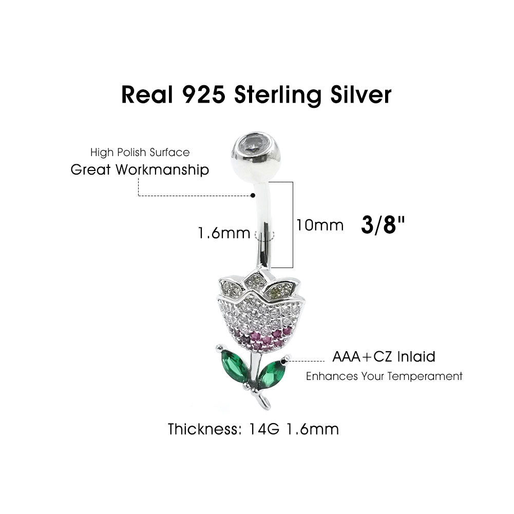 Arardo 925 Sterling Silver Clear CZ Flower 14G Belly Button Rings Navel Rings Piercing Jewelry AB0129