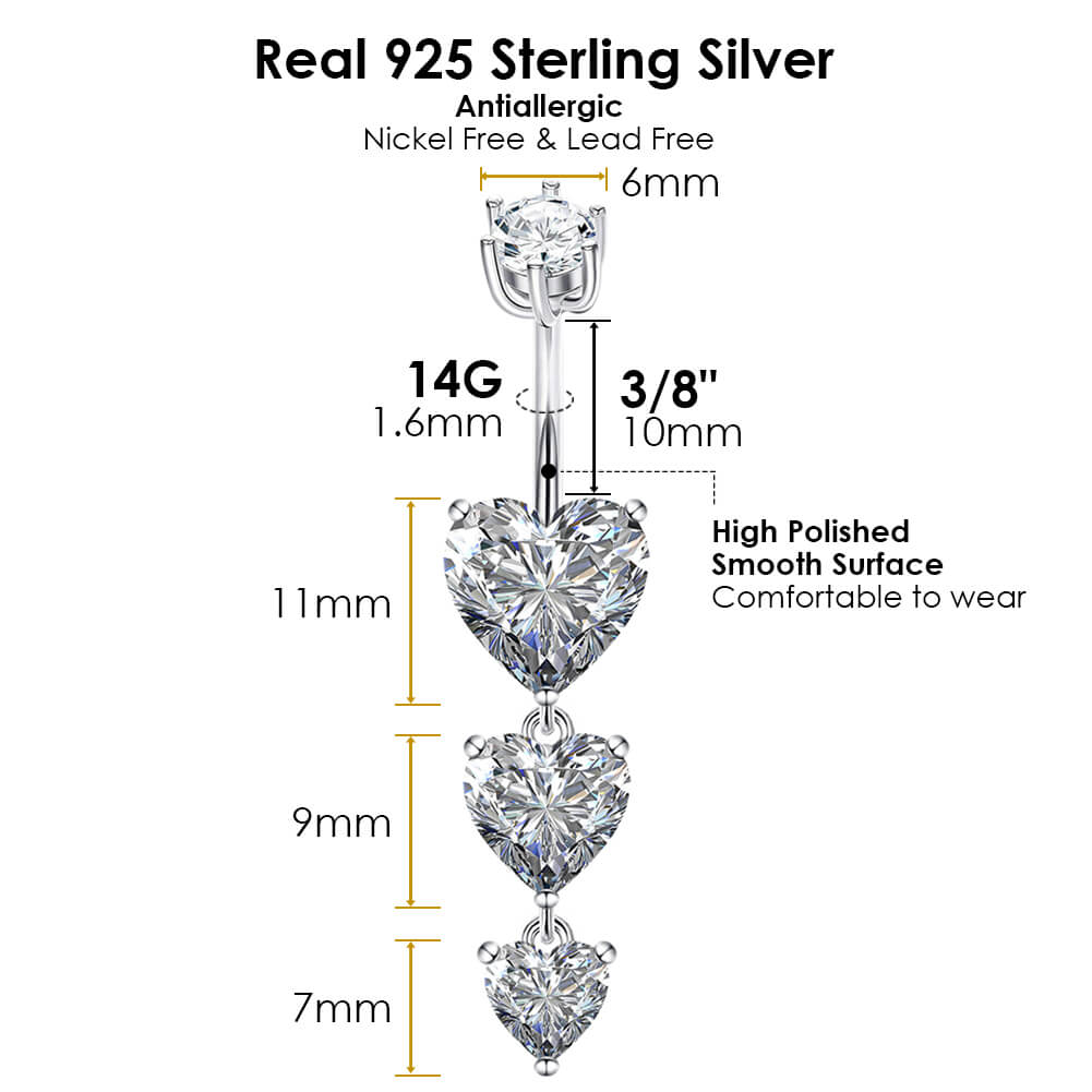 Arardo 925 Sterling Silver 14G Dangle Belly Button Rings Three Heart Clear CZ Navel Rings Belly Rings Belly Body Piercing Jewelry