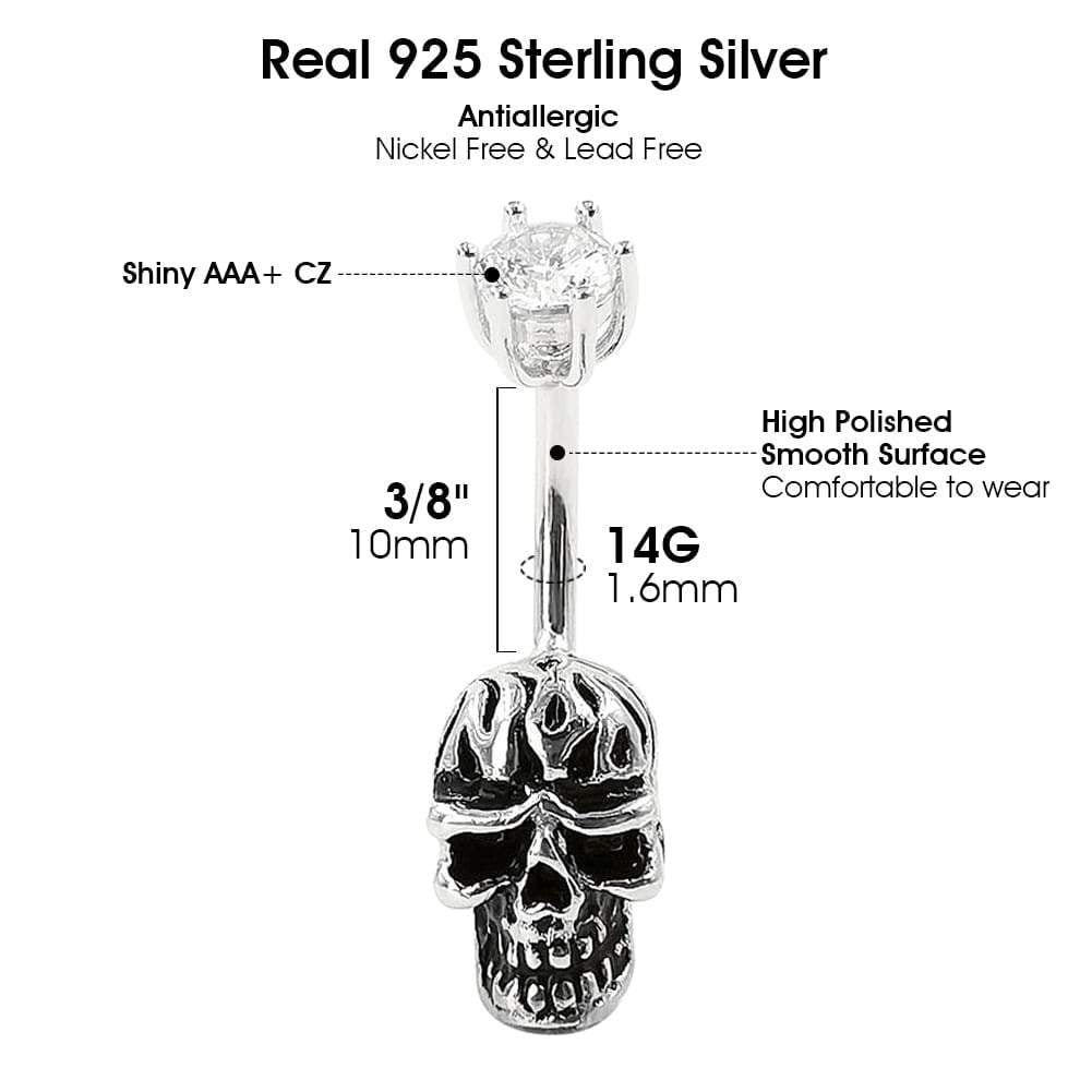 Arardo 925 Sterling Silver 14G Belly Button Rings Navel Rings Belly Rings Belly Body Piercing Jewelry Skull AB0141-1