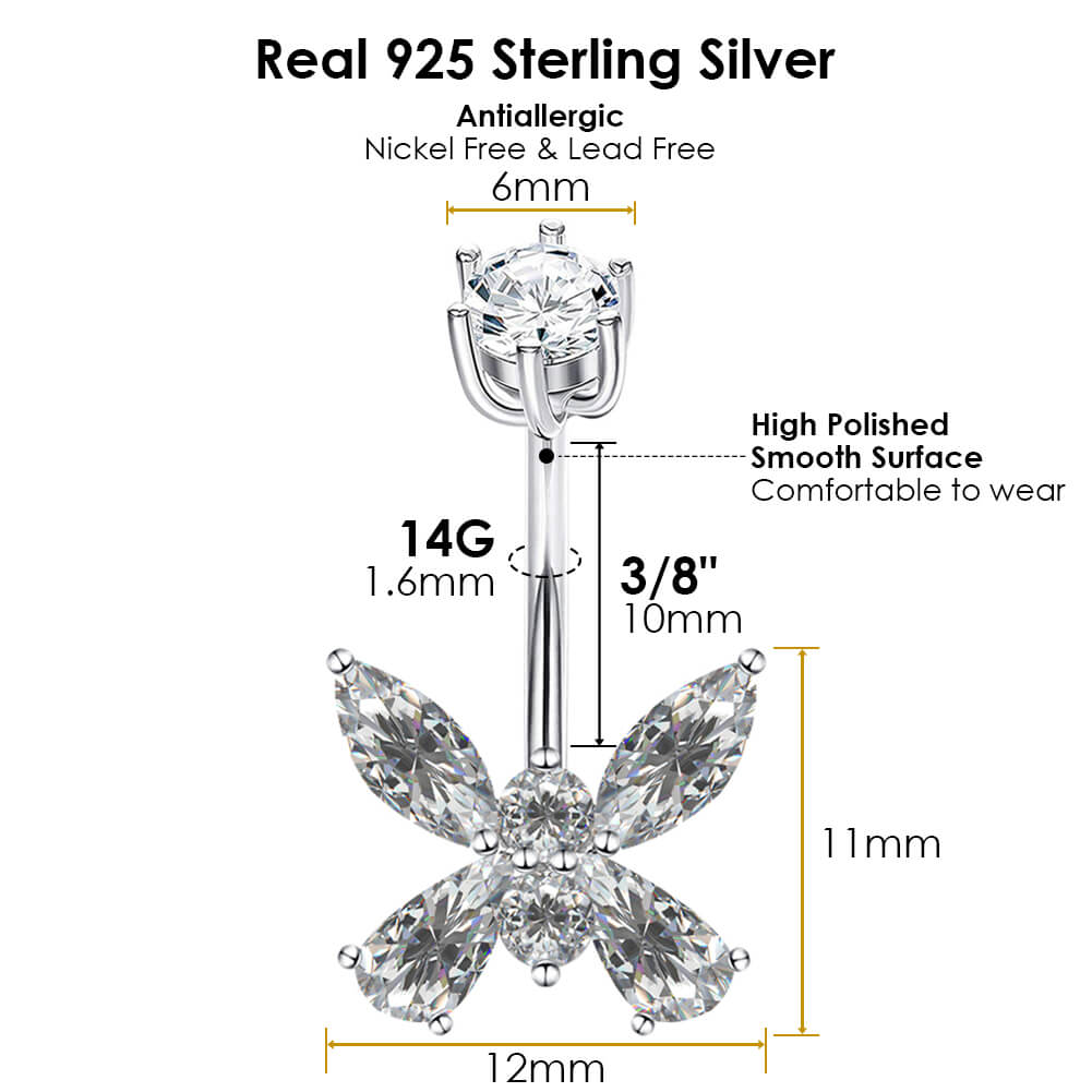 Arardo 925 Sterling Silver 14G Belly Button Rings Navel Rings Belly Rings Belly Body Piercing Jewelry Butterfly AB0142-1