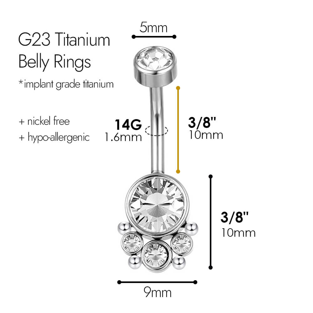 ARARDO G23 Solid Titanium Belly Button Rings Piercing,ASTM F136 Implant Grade Titanium Navel Rings,Nickel Free,Low Gloss Polished Bar Smooth Surface,Crystal CZ,14G,2Pcs, BR32