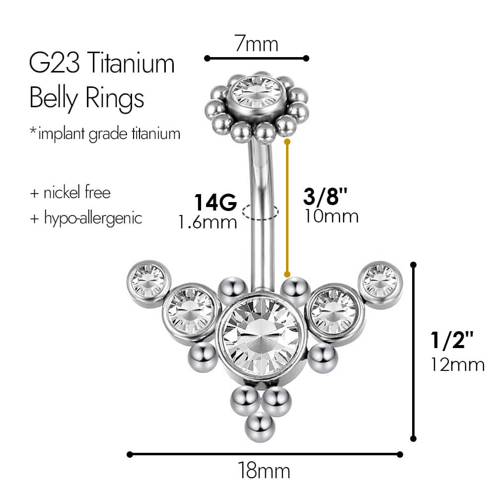 ARARDO G23 Solid Titanium Belly Button Rings Piercing,ASTM F136 Implant Grade Titanium Navel Rings,Nickel Free,Low Gloss Polished Bar Smooth Surface,Crystal CZ,14G,2Pcs, BR33