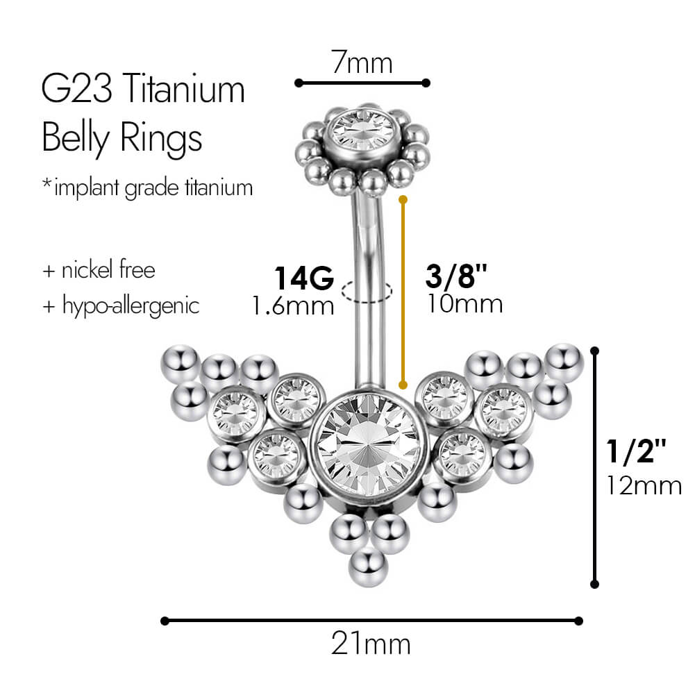 ARARDO G23 Solid Titanium Belly Button Rings Piercing,ASTM F136 Implant Grade Titanium Navel Rings,Nickel Free,Low Gloss Polished Bar Smooth Surface,Crystal CZ,14G,2Pcs, BR34