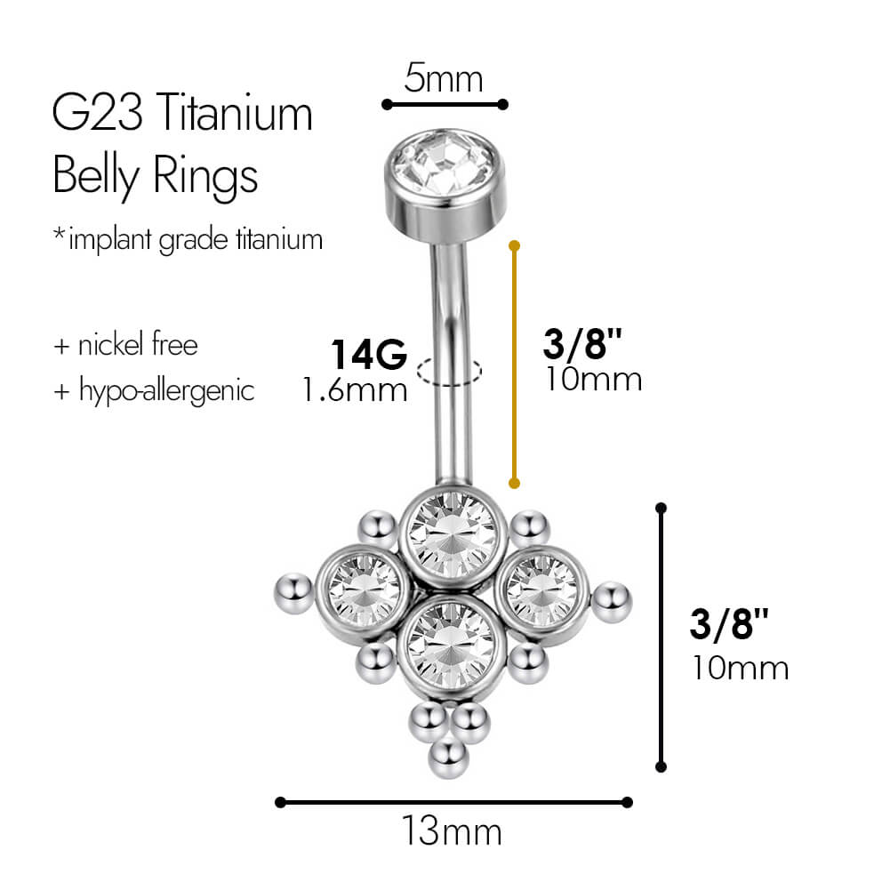 ARARDO G23 Solid Titanium Belly Button Rings Piercing,ASTM F136 Implant Grade Titanium Navel Rings,Nickel Free,Low Gloss Polished Bar Smooth Surface,Crystal CZ,14G,2Pcs, BR35