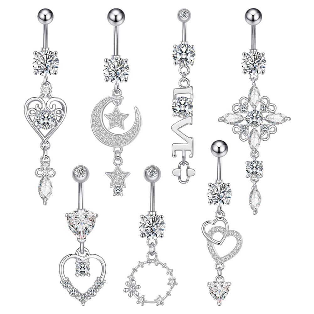 Arardo 14G 316L Surgical Stainless Steel Belly Button Rings Set, Crystal CZ Navel Rings Set, Belly Piercing Jewelry, 7Pcs Dangle, BR39