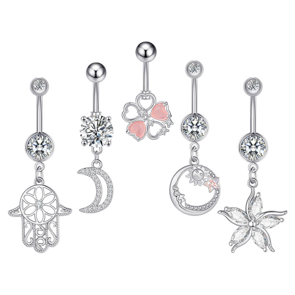 Arardo 14G 316L Surgical Stainless Steel Belly Button Rings Set, Crystal CZ Navel Rings Set, Belly Piercing Jewelry, 5Pcs, BR40