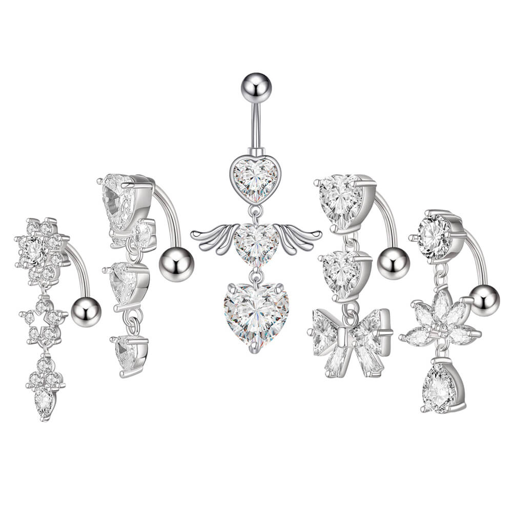 Arardo 14G 316L Surgical Stainless Steel Belly Button Rings Set, Crystal CZ Navel Rings Set, Belly Piercing Jewelry, 5Pcs Dangle, BR41
