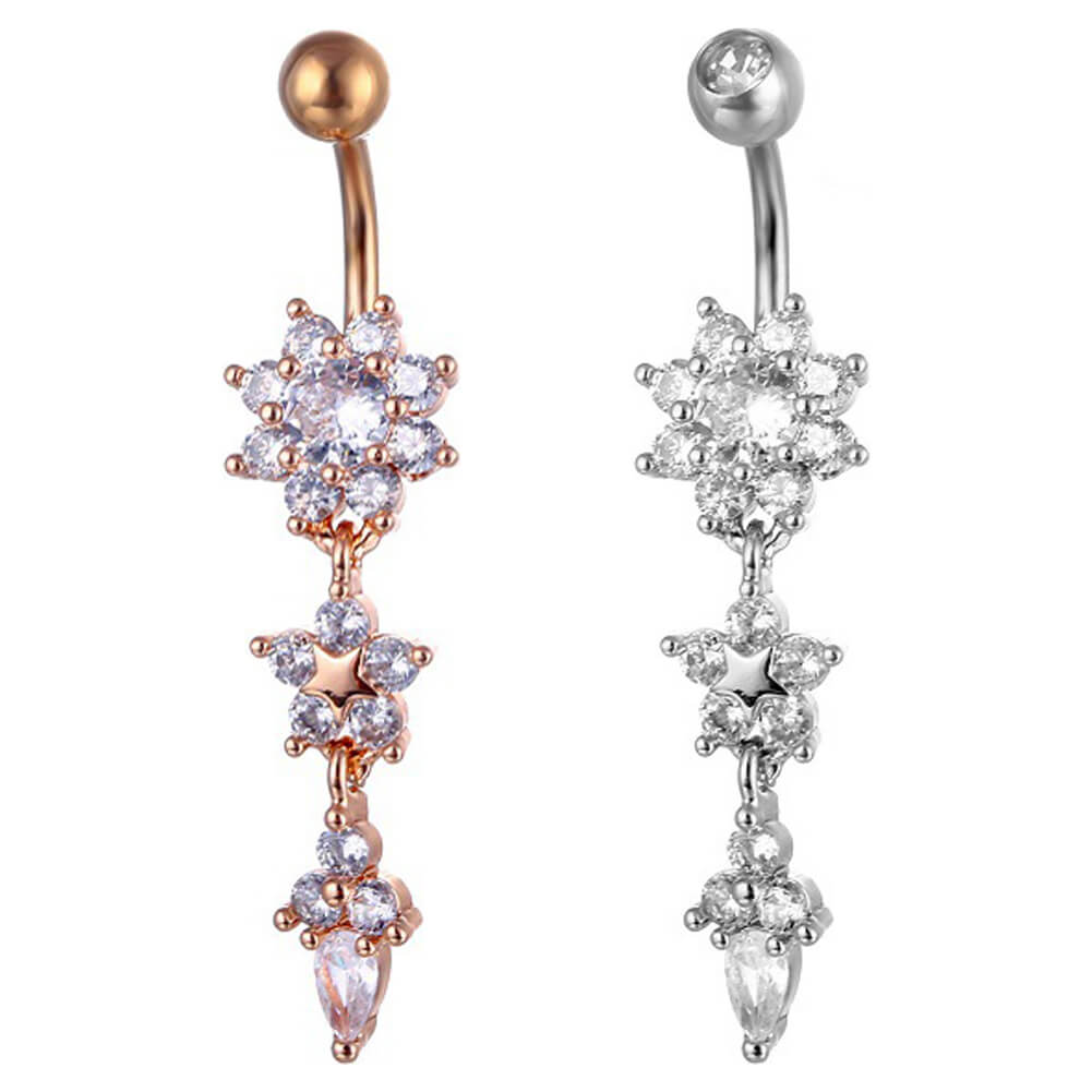 Arardo 14G 316L Surgical Stainless Steel Belly Button Rings, Crystal CZ Navel Rings, 2Pcs Belly Piercing, Dangle Flowerstar, BR45