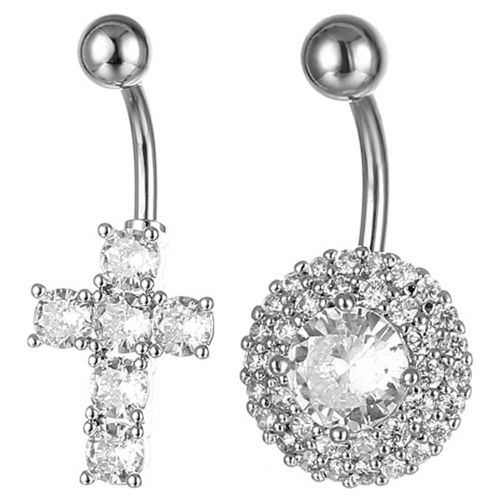 Arardo 14G 316L Surgical Stainless Steel Belly Button Rings, Crystal CZ Navel Rings, 2Pcs Belly Piercing, Cross Round CZ, BR48