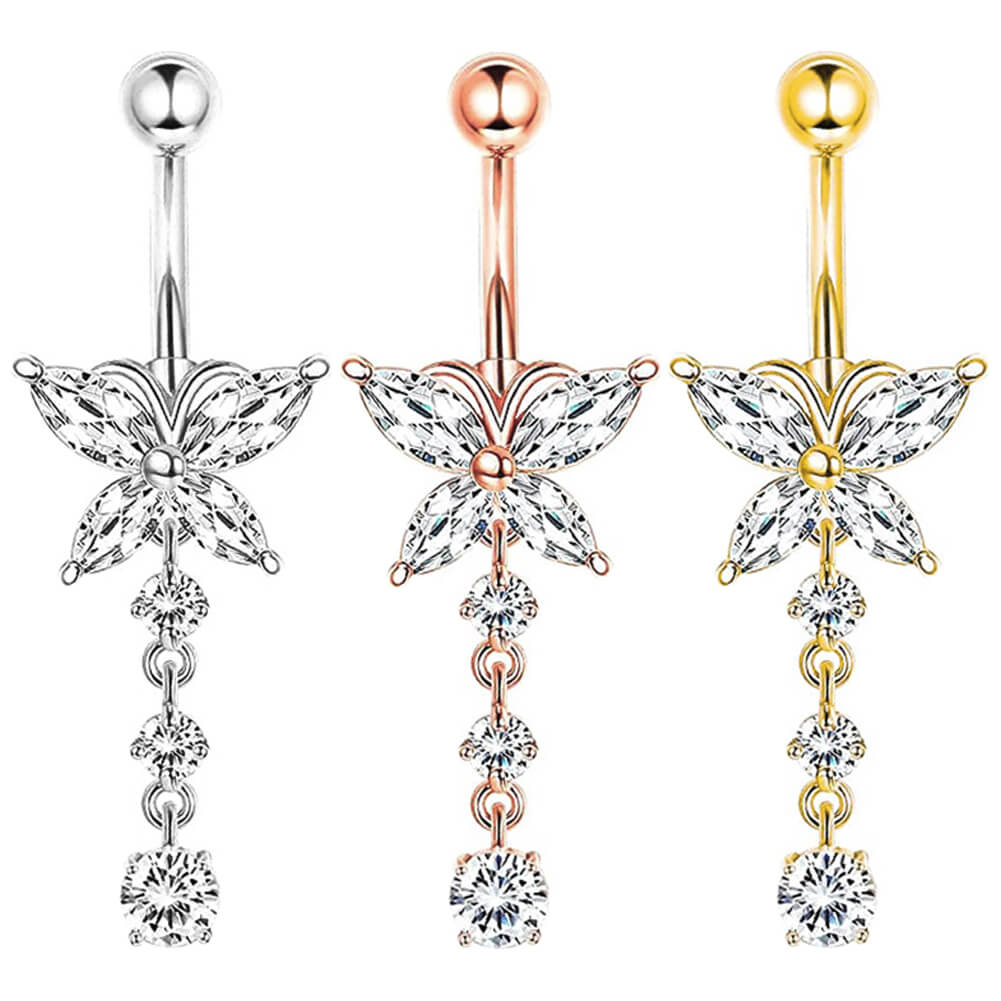 Arardo Dangle Belly Button Rings Sets, 316L Surgical Grade Stainless Steel Belly Piercing, 14G Dangle Butterfly CZ ,Navel Piercing Rings