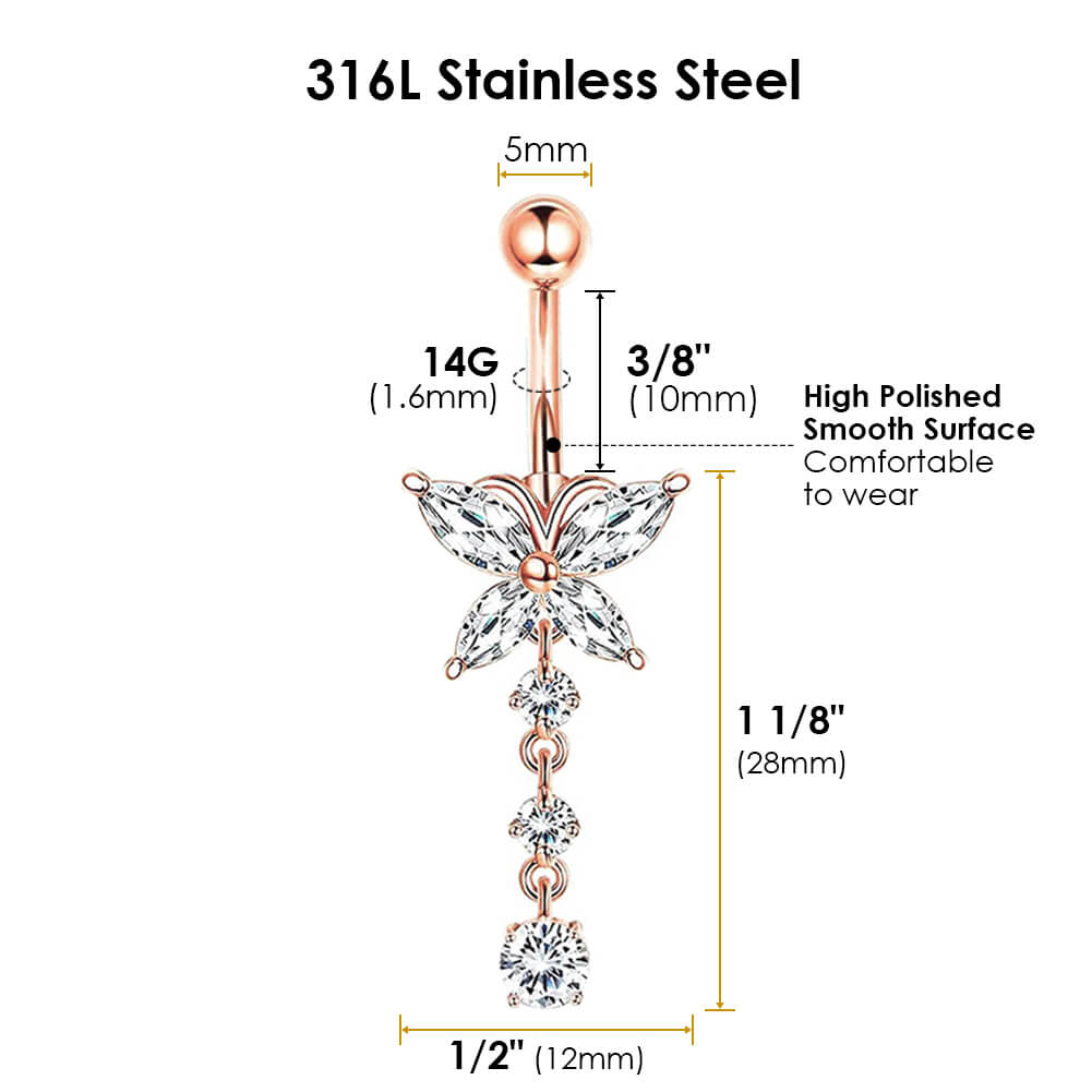 Arardo Dangle Belly Button Rings Sets, 316L Surgical Grade Stainless Steel Belly Piercing, 14G Dangle Butterfly CZ ,Navel Piercing Rings