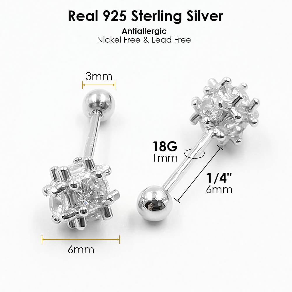Arardo Sterling Silver Cartilage Earrings, 925 Silver Tragus Stud, Forward Helix Earrings, Rook Daith Conch Piercings Jewelry, Ball CZ, CES3