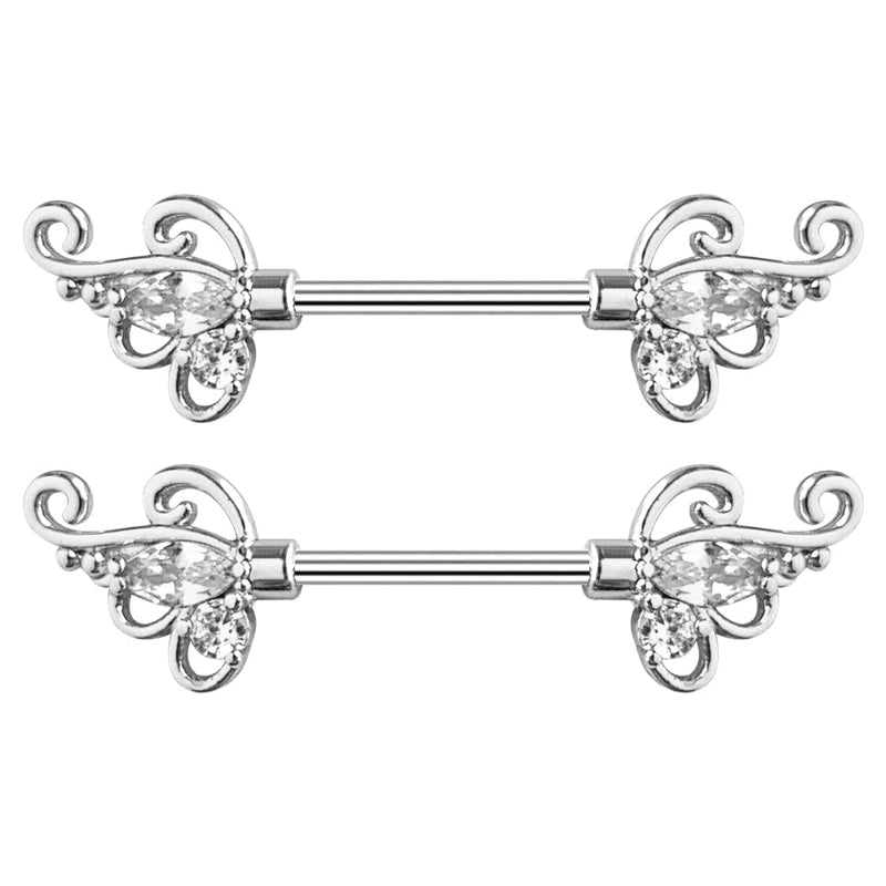 316L Stainless Steel Nipple Piercing, Nipple Rings, Nipple Barbell, Butterfly Wings Silver CZ