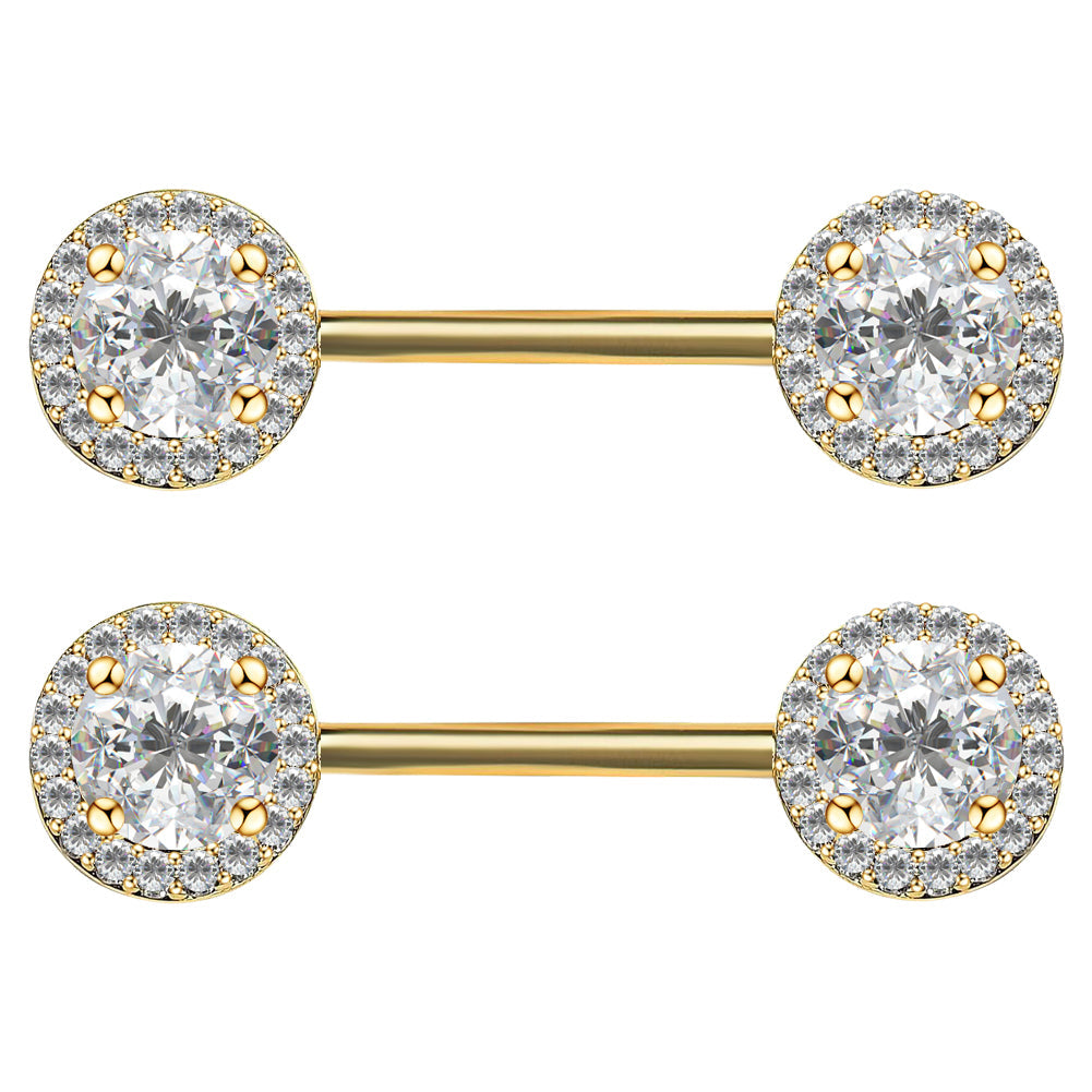 316L Stainless Steel Nipple Piercing, Nipple Rings, Nipple Barbell, Circular Gold CZ