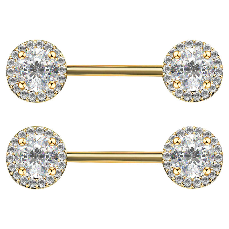 316L Stainless Steel Nipple Piercing, Nipple Rings, Nipple Barbell, Circular Gold CZ