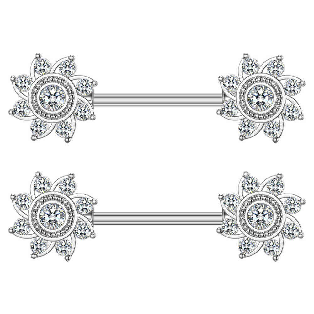 Arardo Surgical Steel Nipple Rings, 316L Stainless Steel Nipple Barbell, 14G Nipple Piercing Jewelry, 1 Pair, Crystal CZ, Flower CZ, NR30