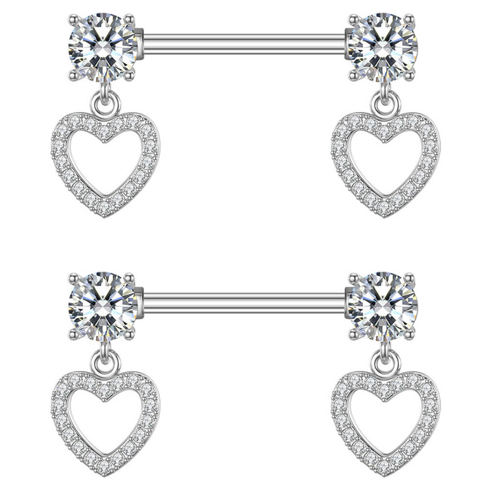 Arardo Surgical Steel Nipple Rings, 316L Stainless Steel Nipple Barbell, 14G Nipple Piercing Jewelry, 1 Pair, Crystal CZ, Dangle Heart, NR32