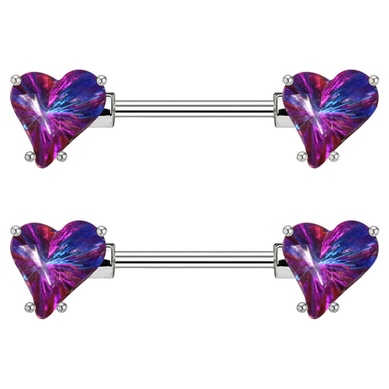 Arardo Surgical Steel Nipple Rings, 316L Stainless Steel Nipple Barbell, 14G Nipple Piercing Jewelry, 1 Pair, Purple Heart CZ