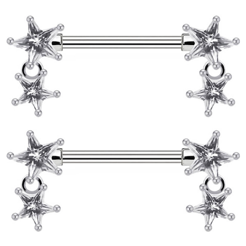 Arardo Surgical Steel Nipple Rings, 316L Stainless Steel Nipple Barbell, 14G Nipple Piercing Jewelry, 1 Pair, Crystal CZ, Dangle Star