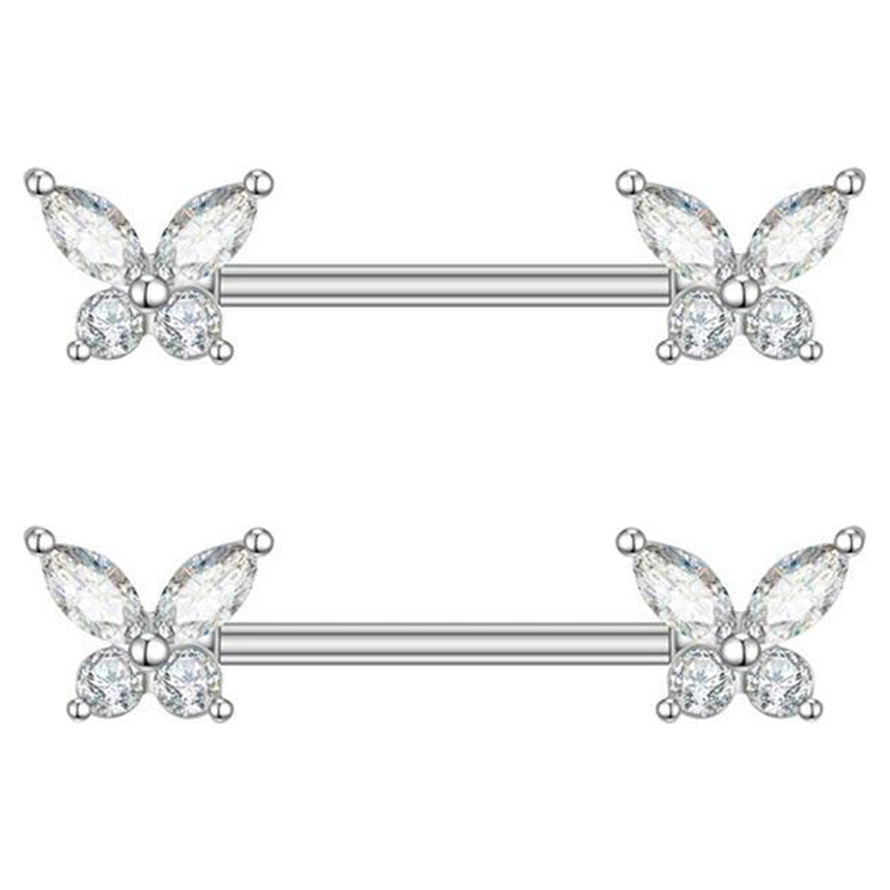 316L Stainless Steel Nipple Piercing, Nipple Rings, Nipple Barbell, Butterfly Silver CZ